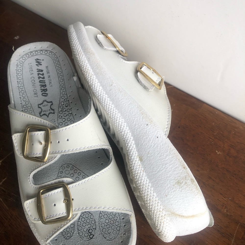 White Sandals with Gold Buckles